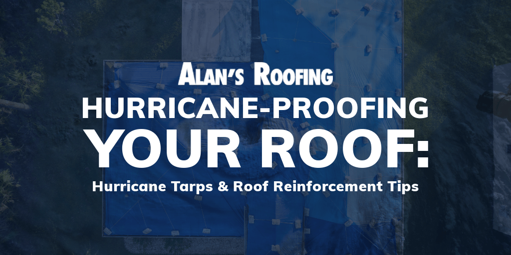 Title image for Alan's Roofing blog about hurricane tarps and reinforcement with white text overlaid on blue tarp background