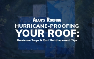 Title image for Alan's Roofing blog about hurricane tarps and reinforcement with white text overlaid on blue tarp background