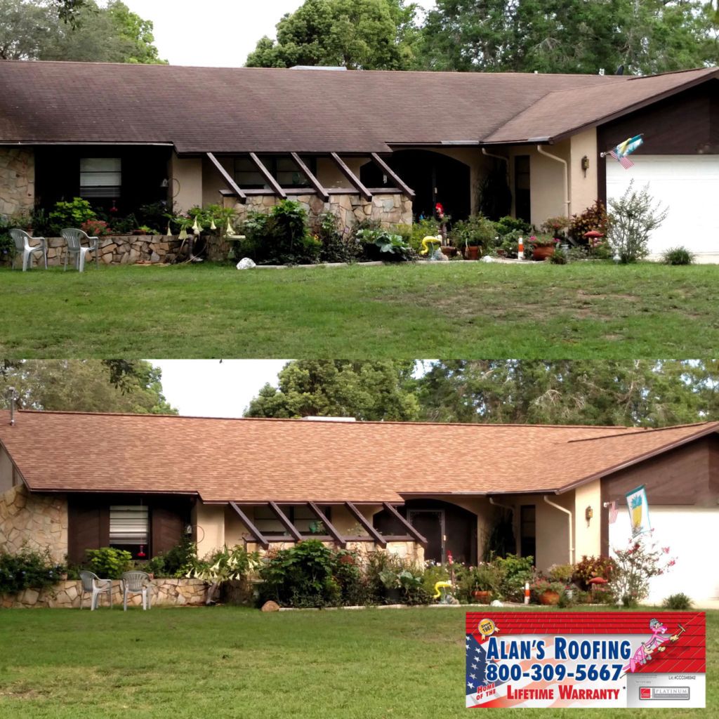 Before and After Roof Replacement of brick ranch style home installed by the local roofing company; Alan's Roofing.