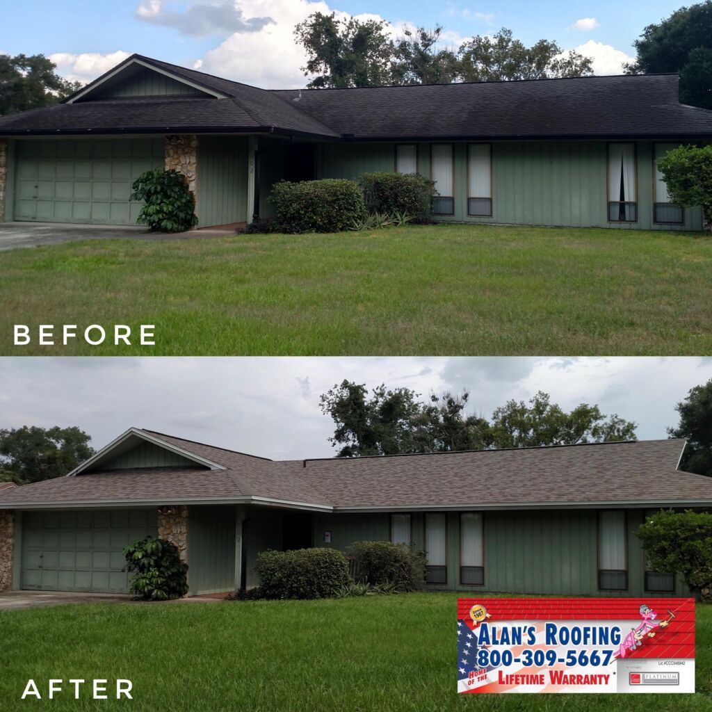 Before and after of a green residential home in Zephyrhills installed by the local roofing company; Alan's Roofing.