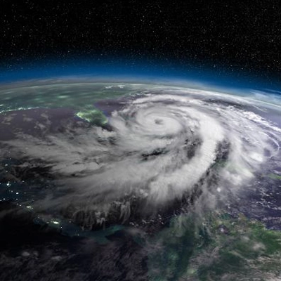 view from out of space of a hurricane over the Atlantic Ocean