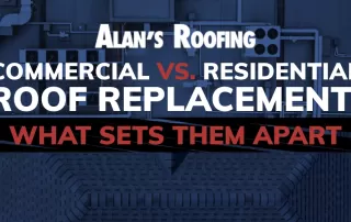 Blue background image with blog title: Commercial vs Residential Roof Replacement: What Sets Them Apart