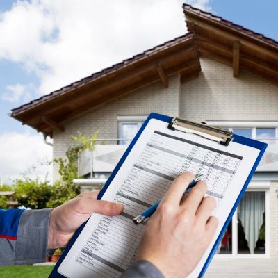 Close-up of a roofer holding a clipboard with a checklist during a home roof inspection in front of a residential property.