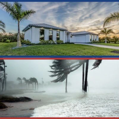 A split-image comparison showing a modern, hurricane-resistant home under a clear sky in the top half, and a severe storm with strong winds, flooding, and swaying palm trees on a coastal area in the bottom half.