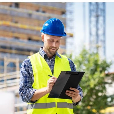 A construction inspector wearing a blue hard hat and high-visibility vest, reviewing a checklist on a clipboard at an active construction site.