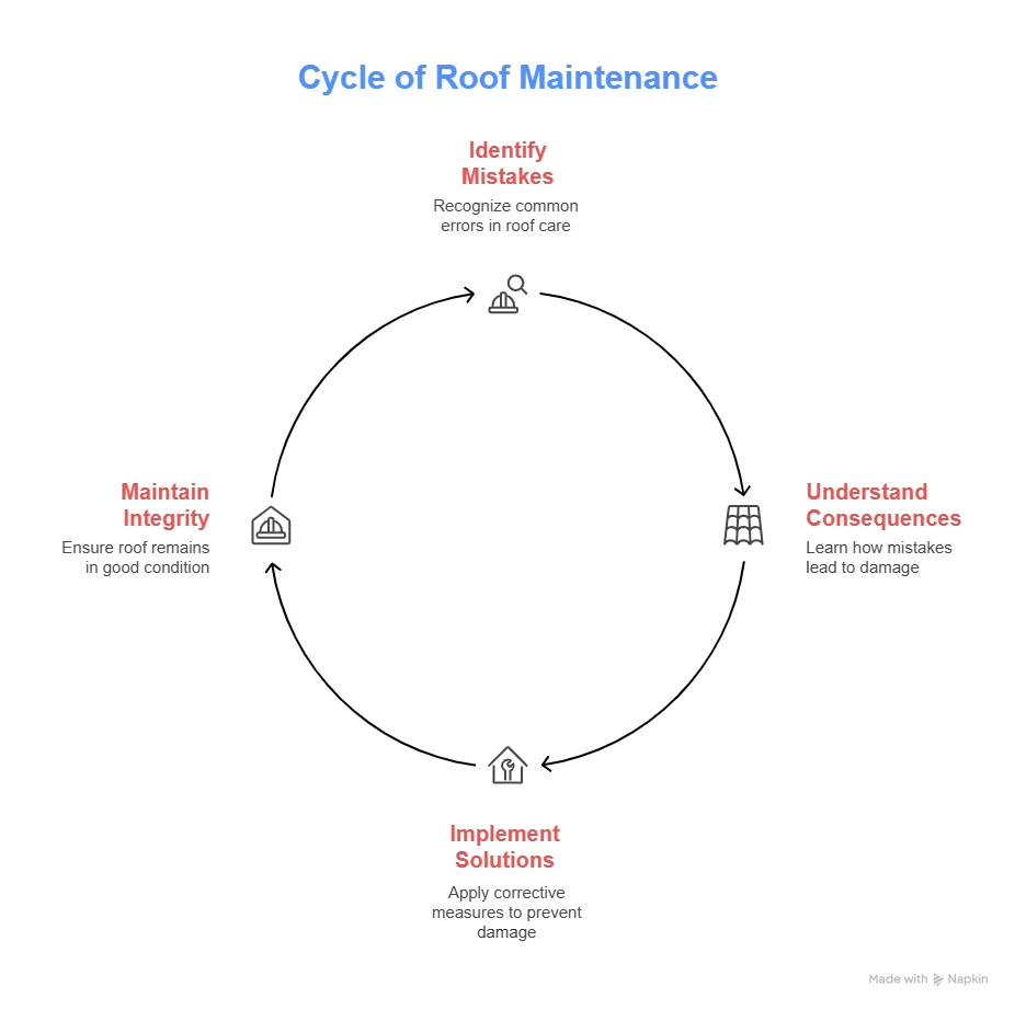 Circular diagram showing roof maintenance cycle: identify mistakes, understand consequences, implement solutions, maintain integrity