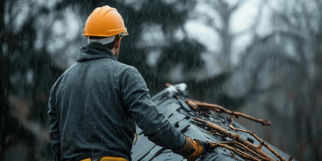 Roofer in safety gear inspecting storm-damaged roof during heavy rain
