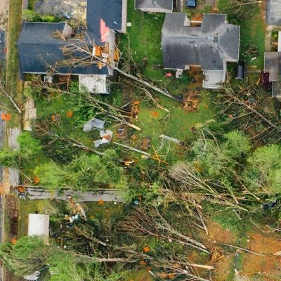 Overhead image of neighborhood with severe tornado damage to trees and roofs