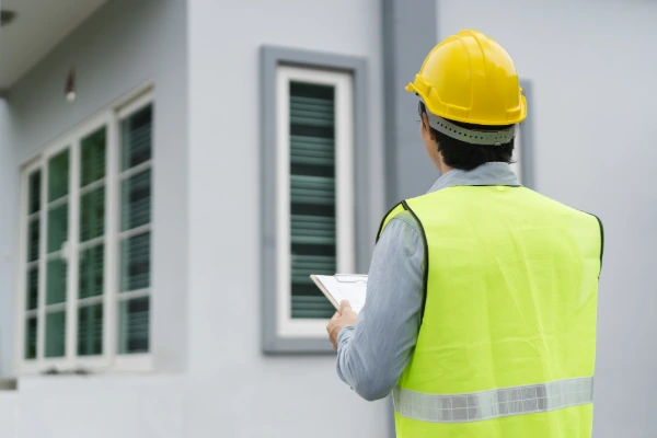 Building inspector reviewing roof replacement compliance with Florida Building Code requirements during final inspection